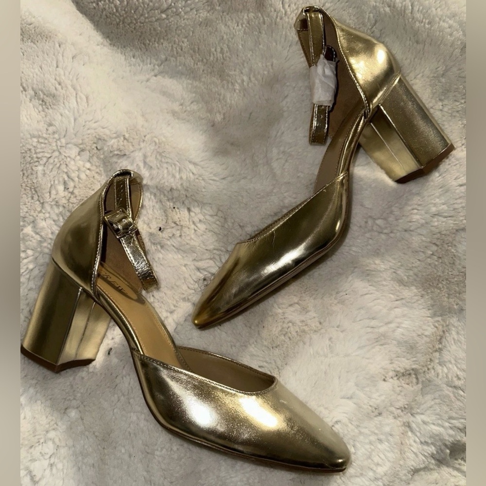 J Crew Maisie Metallic Gold Block Heel Pumps - Picture 2 of 4